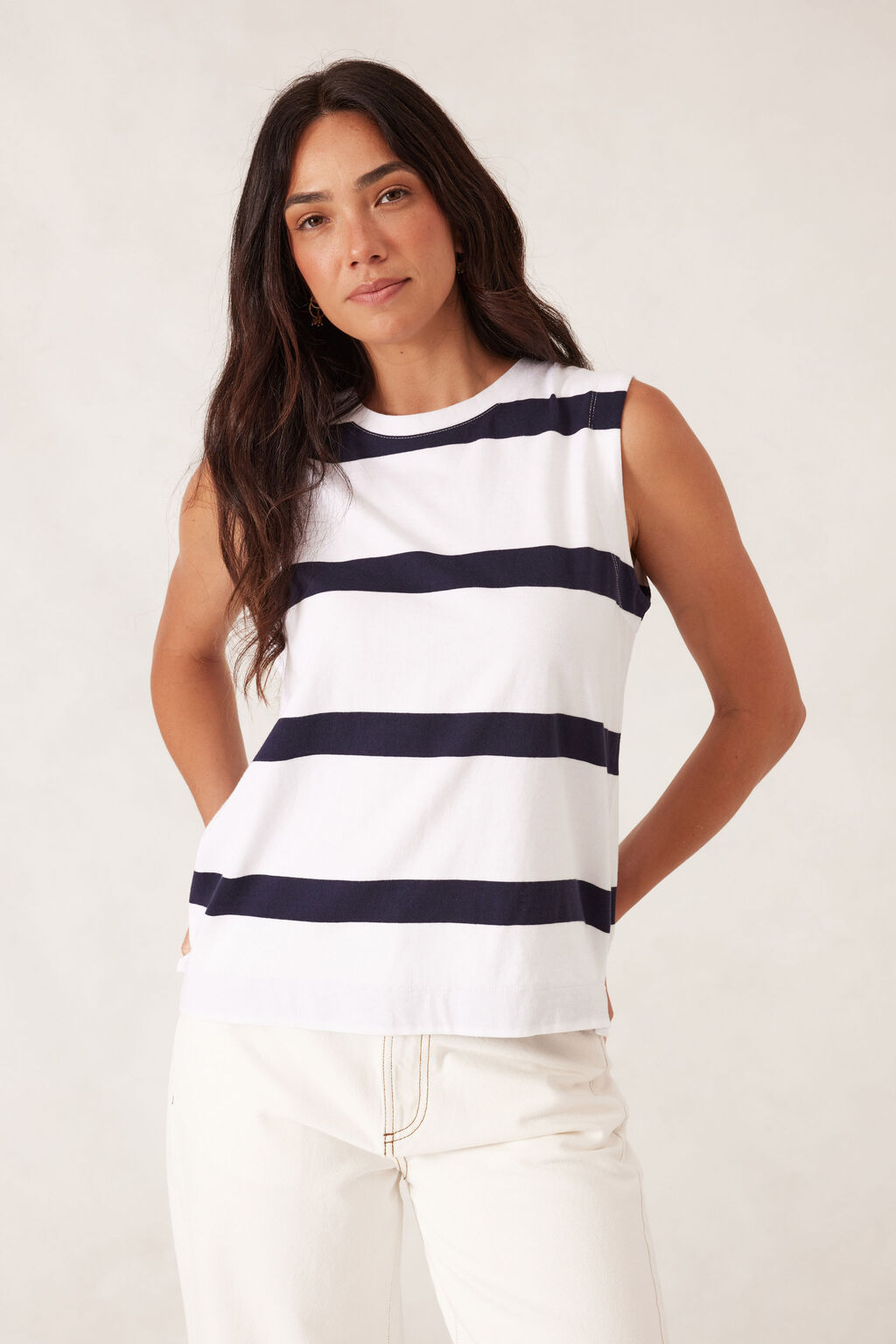 Relaxed Sleeveless Tee White New Navy Bold Stripe