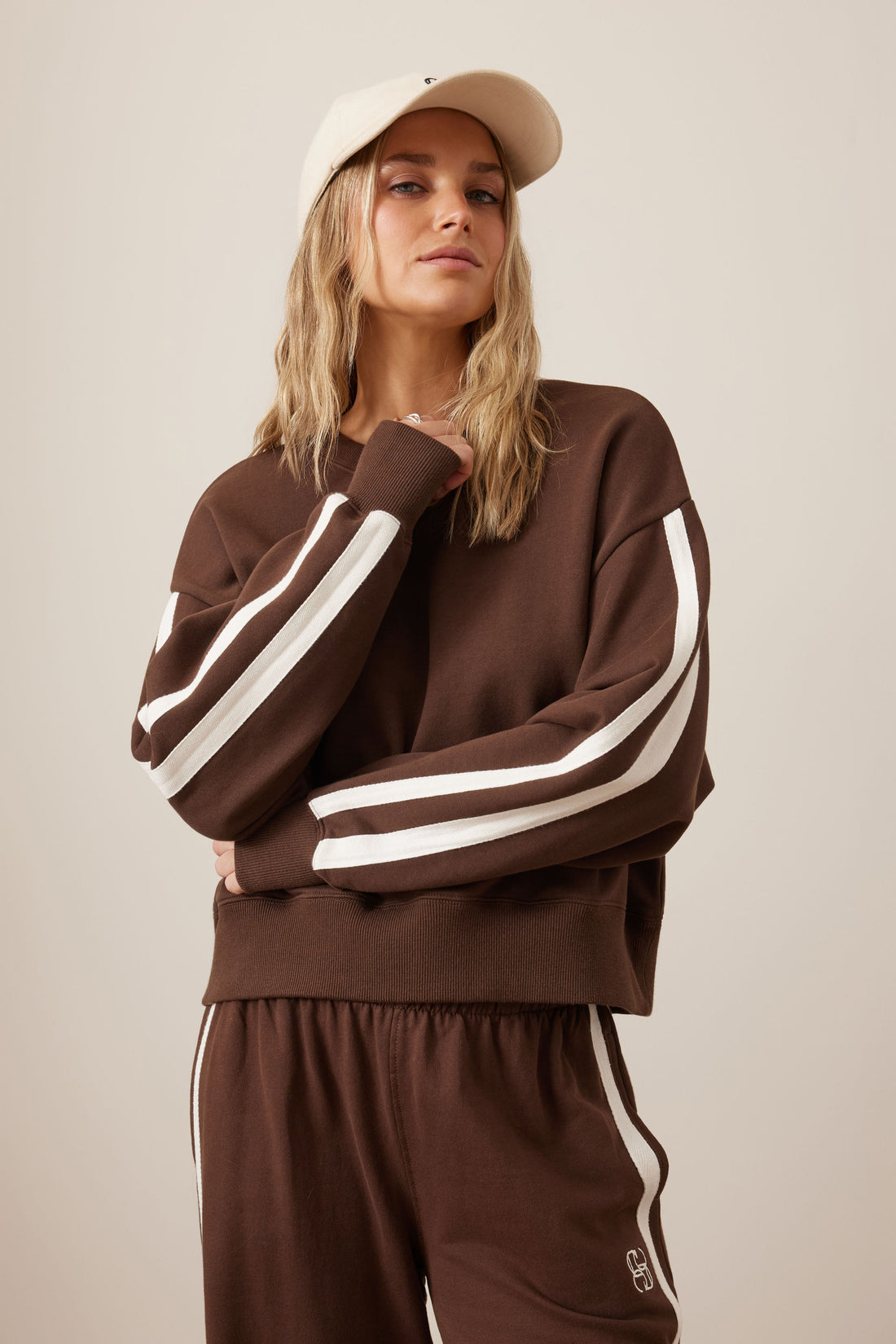 Ceres Life Sporty Slouchy Crew/ Chocolate Side Stripe