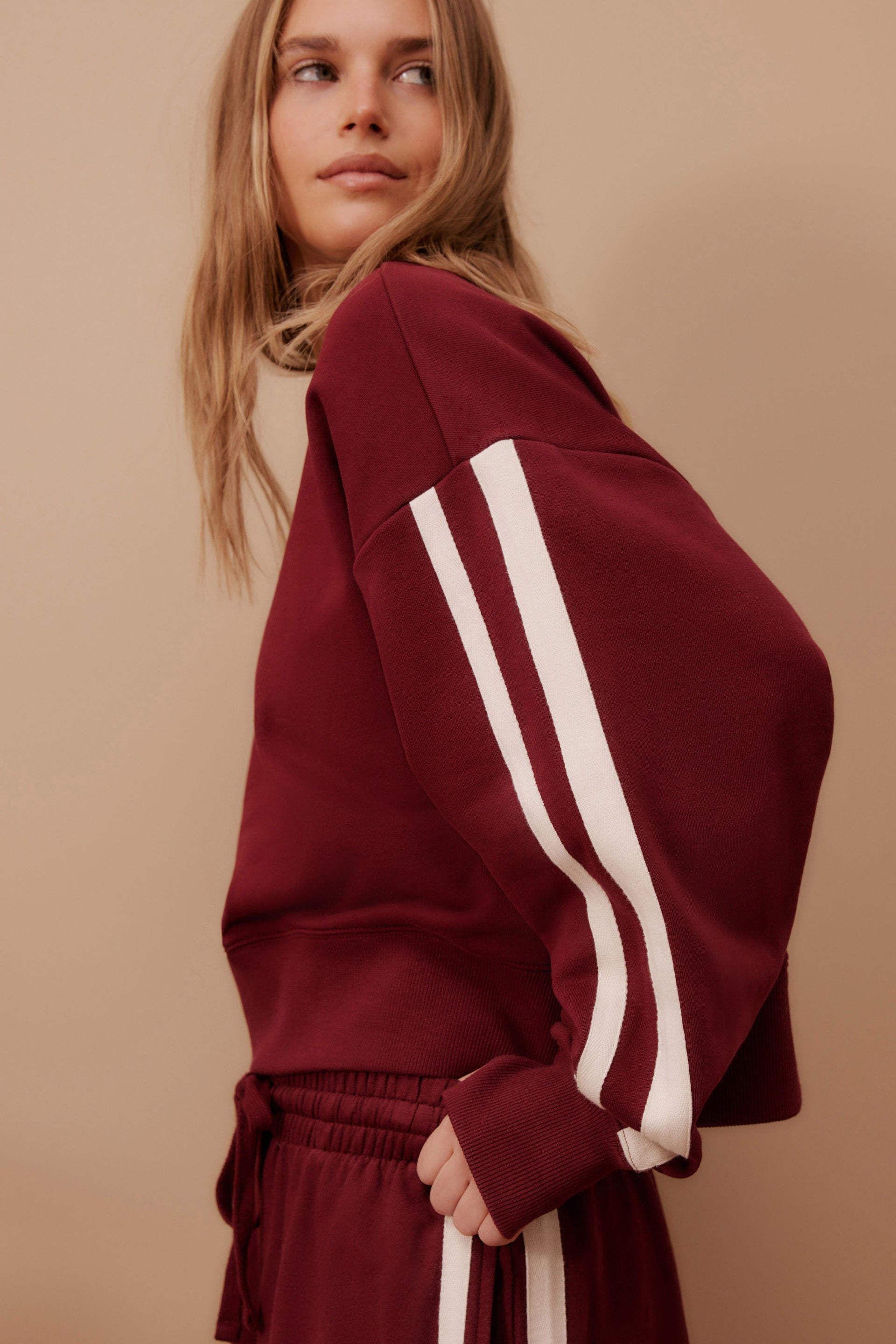 Ceres Life Sporty Slouchy Crew/ Chocolate Side Stripe