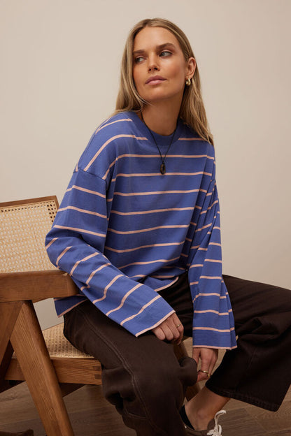 Ceres Life Beau Long Sleeve Slouchy Tee Washed Navy Clay Pink