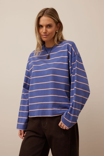 Ceres Life Beau Long Sleeve Slouchy Tee Washed Navy Clay Pink