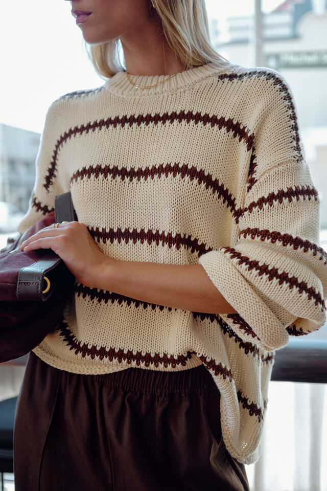 Ceres Life Lila Oversized Knit Crew Ecru Stripe