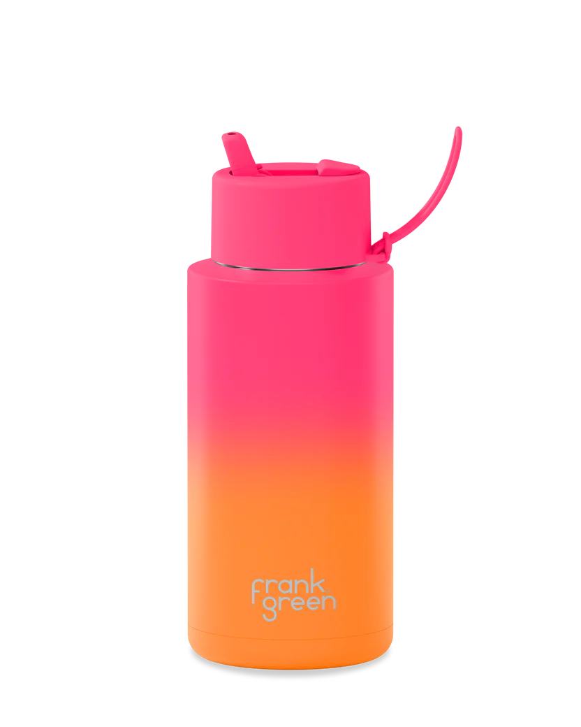 Frank Green Stainless Steel Ceramic Reusable Bottle Gradient Summer Sunset With Flip Straw And Strap 34oz/1,000ml