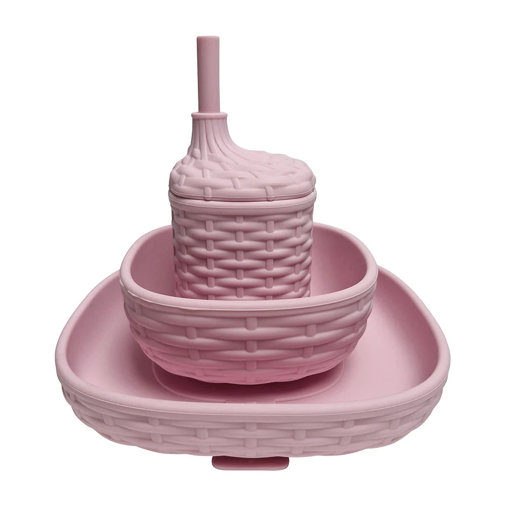 Silicone Rattan Dinner Set Pink 3pc