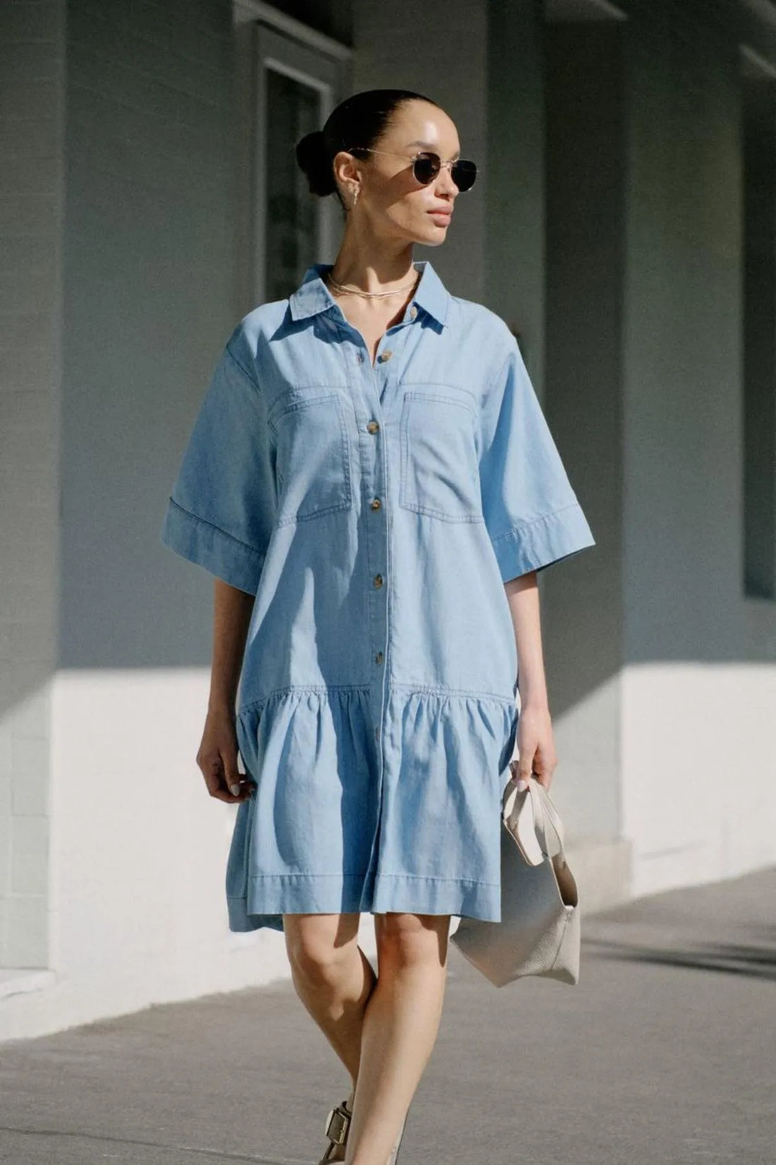 Short Sleeve Tiered Pocket Shirt Dress Vintage Blue Pinstripe