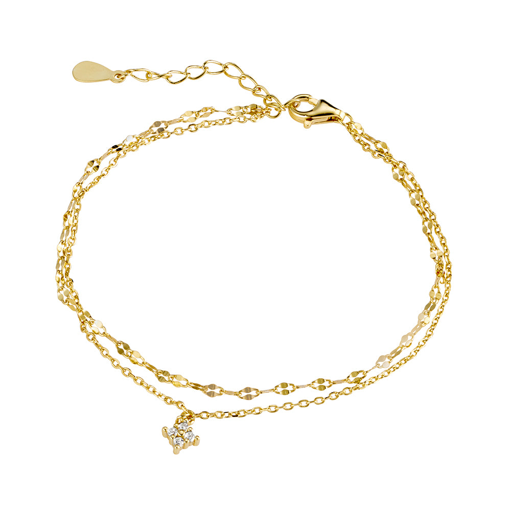 Sterling Silver Double Chain Gold Bracelet With CZ Pendant