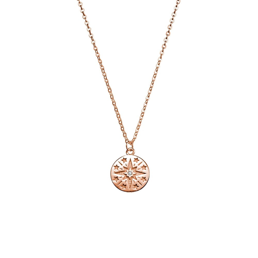 Sterling Silver Rose Gold Plated Disc With Stars Necklace