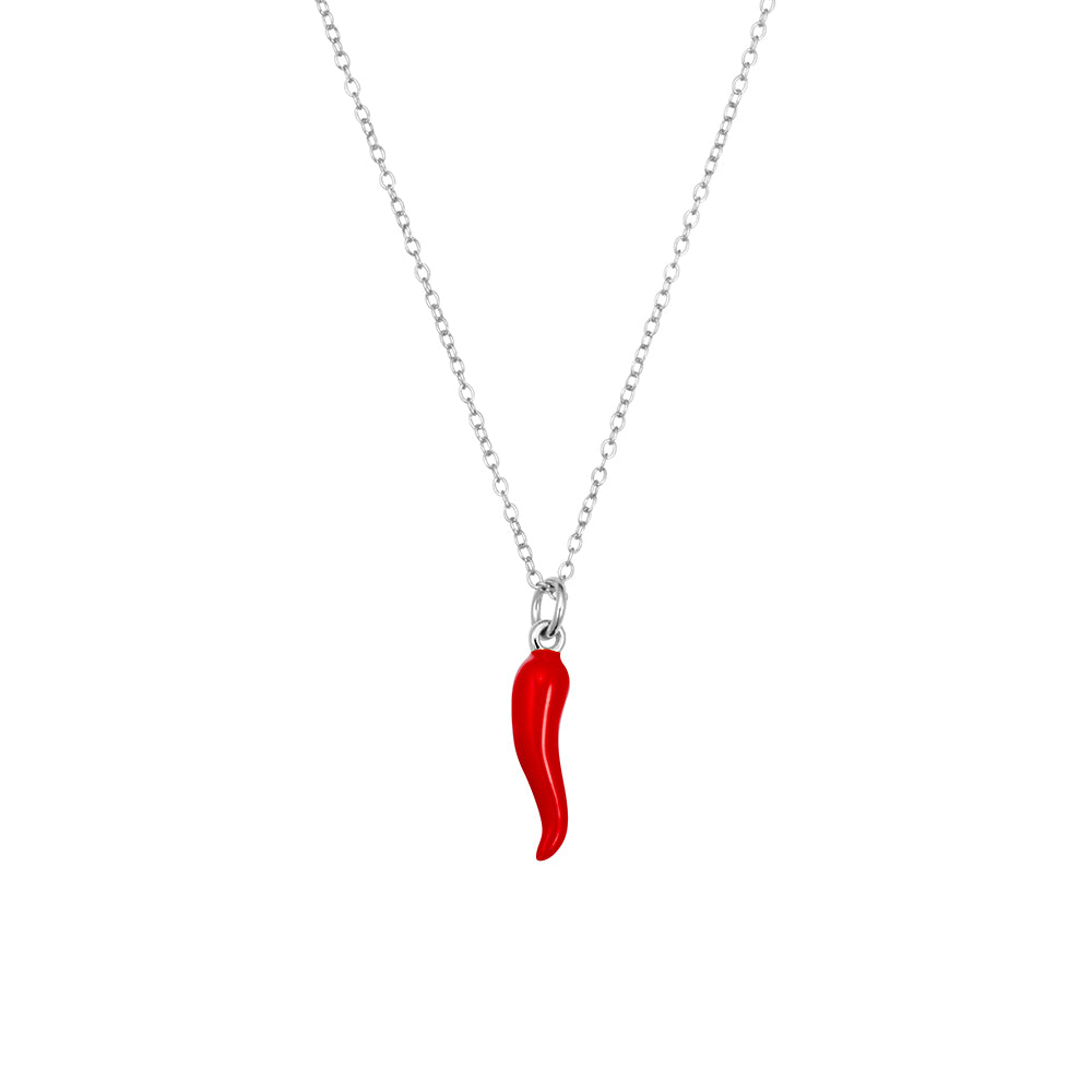 Solid Sterling Silver Necklace With Red Cornicello Horn Pendant