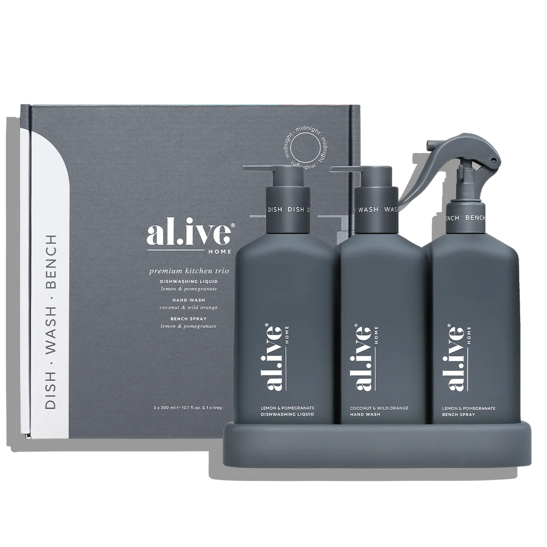 AL.IVE Kitchen Trio Dish Wash, Hand Wash & Bench Spray Lemon & Pomegranate and Coconut & Wild Orange
