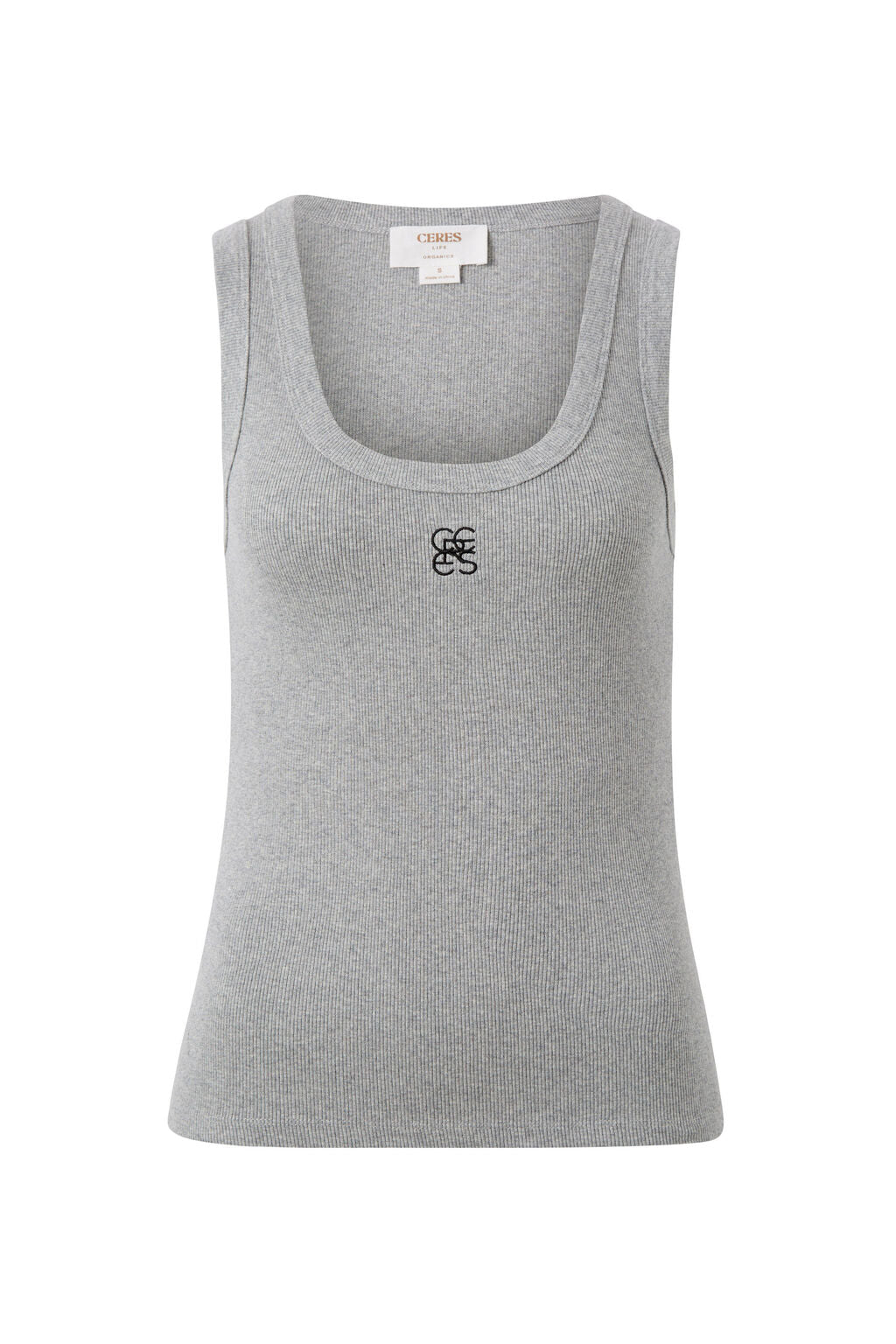 Ceres Contour Rib Scoop Tank Grey Marle/Black Embroidery