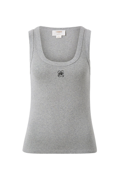 Ceres Contour Rib Scoop Tank Grey Marle/Black Embroidery