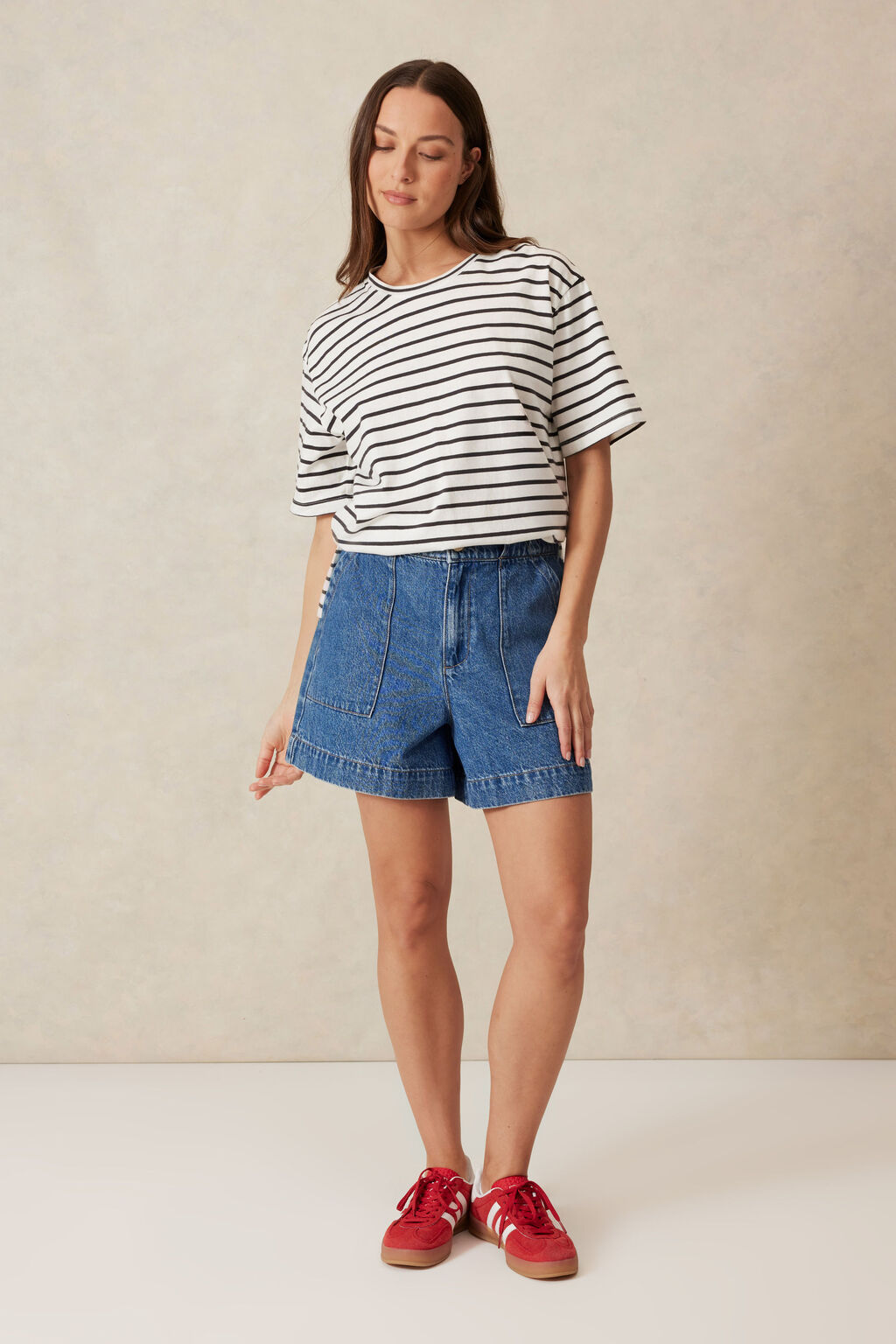 Ceres Life Longline Step Hem Tee Vanilla/Phantom Fine Stripe