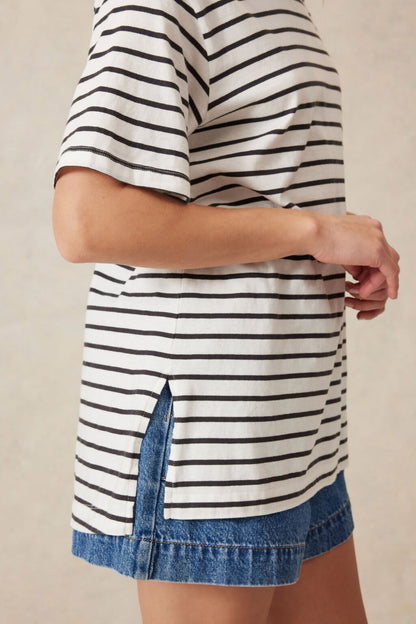 Ceres Life Longline Step Hem Tee Vanilla/Phantom Fine Stripe