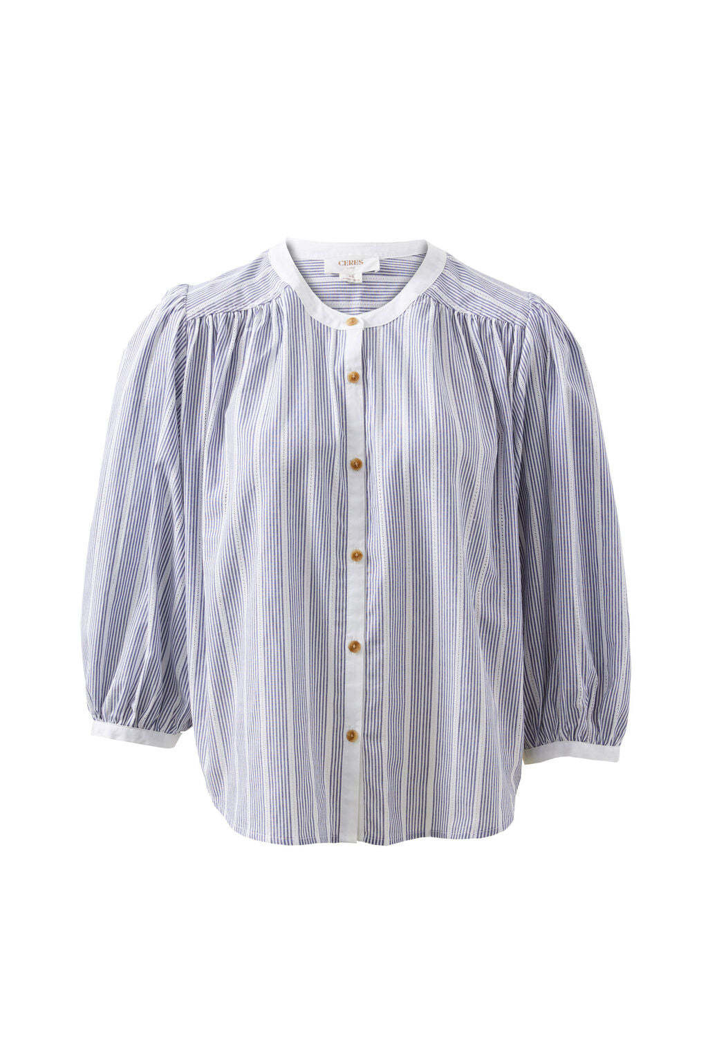 Ceres Woven Collarless Top/ College Blue Ladder Stripe