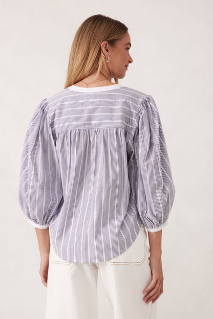 Ceres Woven Collarless Top/ College Blue Ladder Stripe