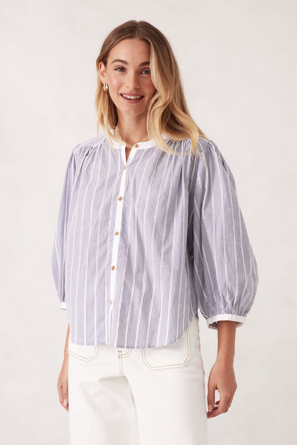 Ceres Woven Collarless Top/ College Blue Ladder Stripe