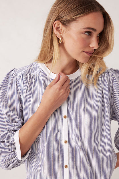 Ceres Woven Collarless Top/ College Blue Ladder Stripe