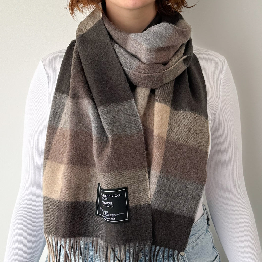 Scottish Tartan Lambswool Scarf Wide Neutral Check