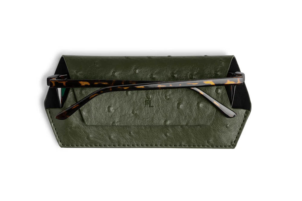 Fox And Leo Glasses Case Ostrich Print Olive