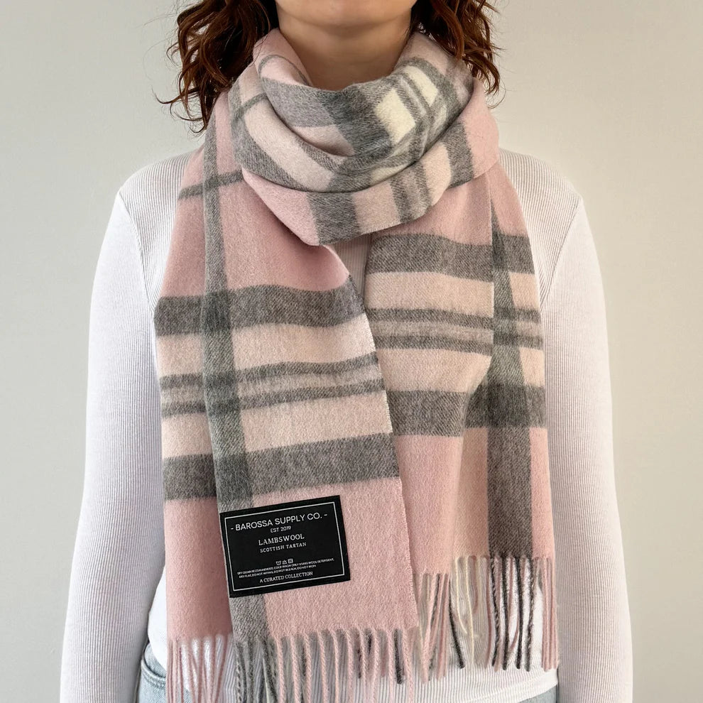 Scottish Tartan Lambswool Scarf Wide Pale Pink