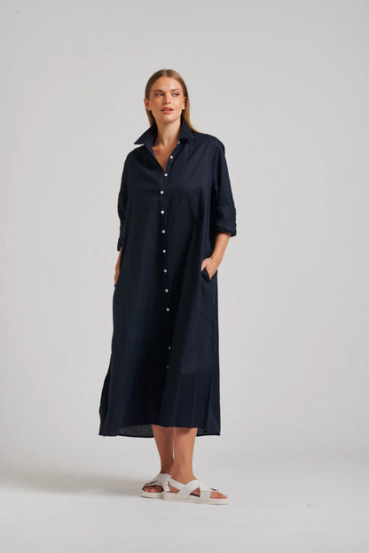 Shirty Luna Linen Oversize Long Shirt Dress French Navy