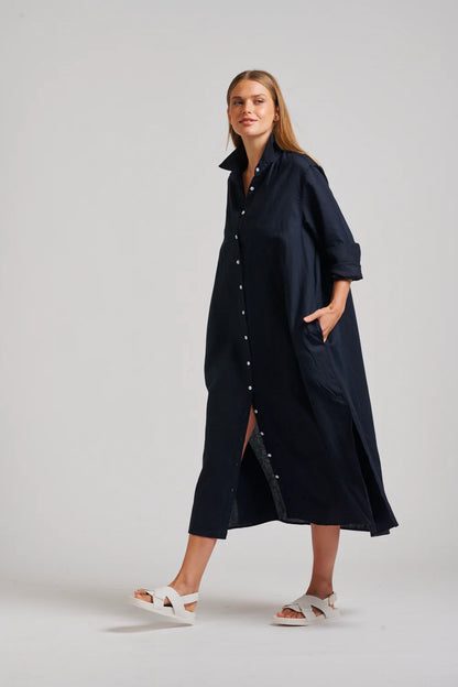 Shirty Luna Linen Oversize Long Shirt Dress French Navy