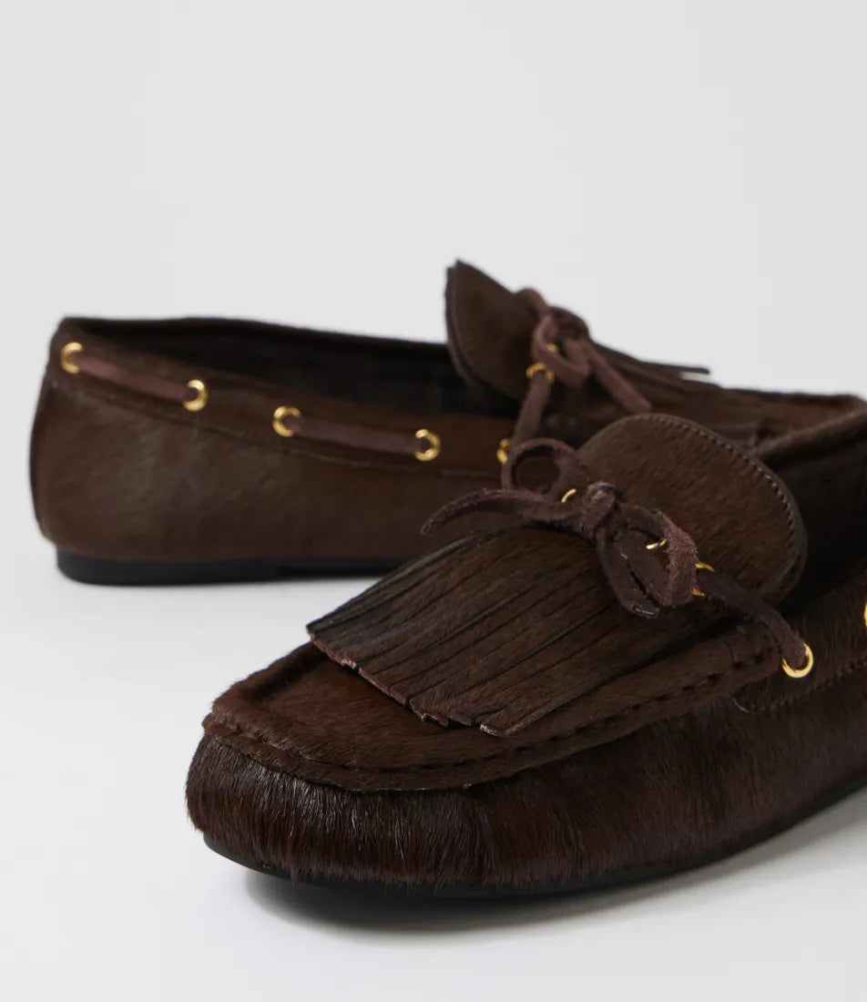 Mollini Eltin Dark Chocolate Suede Pony Loafers