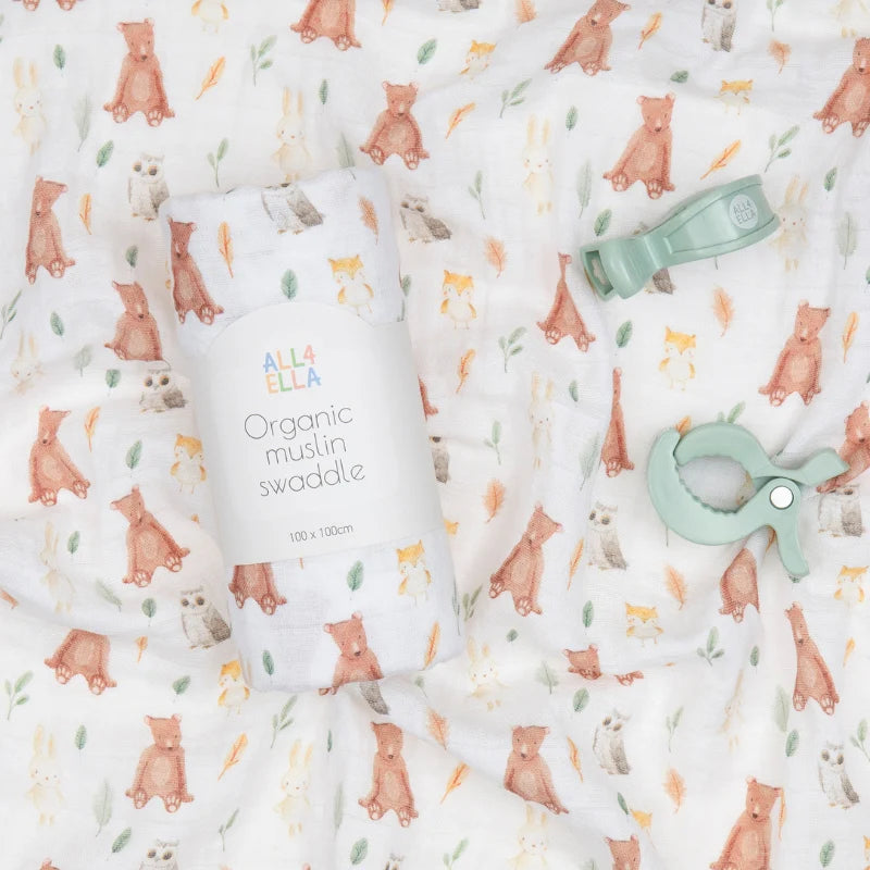 Muslin &amp; 2 Pram Peg Gift Set Forest Friends