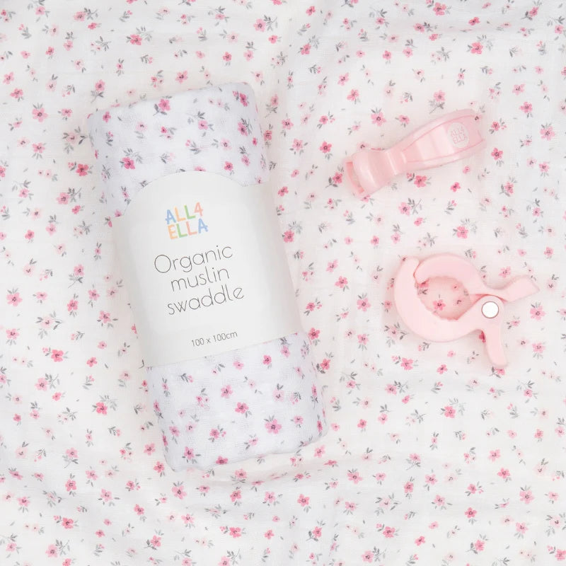 Muslin &amp; 2 Pram Peg Gift Set Pink Petals