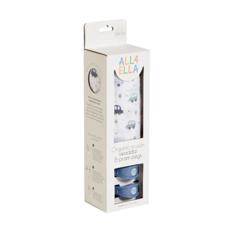 Muslin &amp; 2 Pram Peg Gift Set Beep Beep