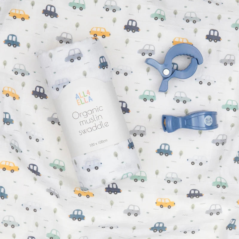 Muslin &amp; 2 Pram Peg Gift Set Beep Beep
