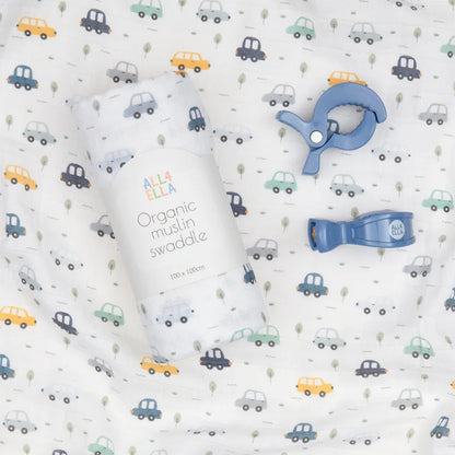 Muslin &amp; 2 Pram Peg Gift Set Beep Beep