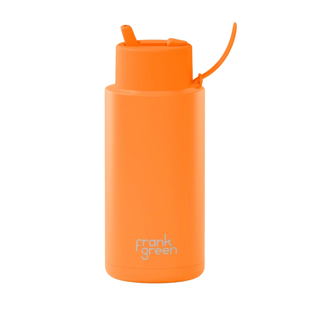 Frank Green Stainless Steel Ceramic Reusable Bottle Neon Orange With Flip Straw Lid And Strap 34oz/1 Ltr
