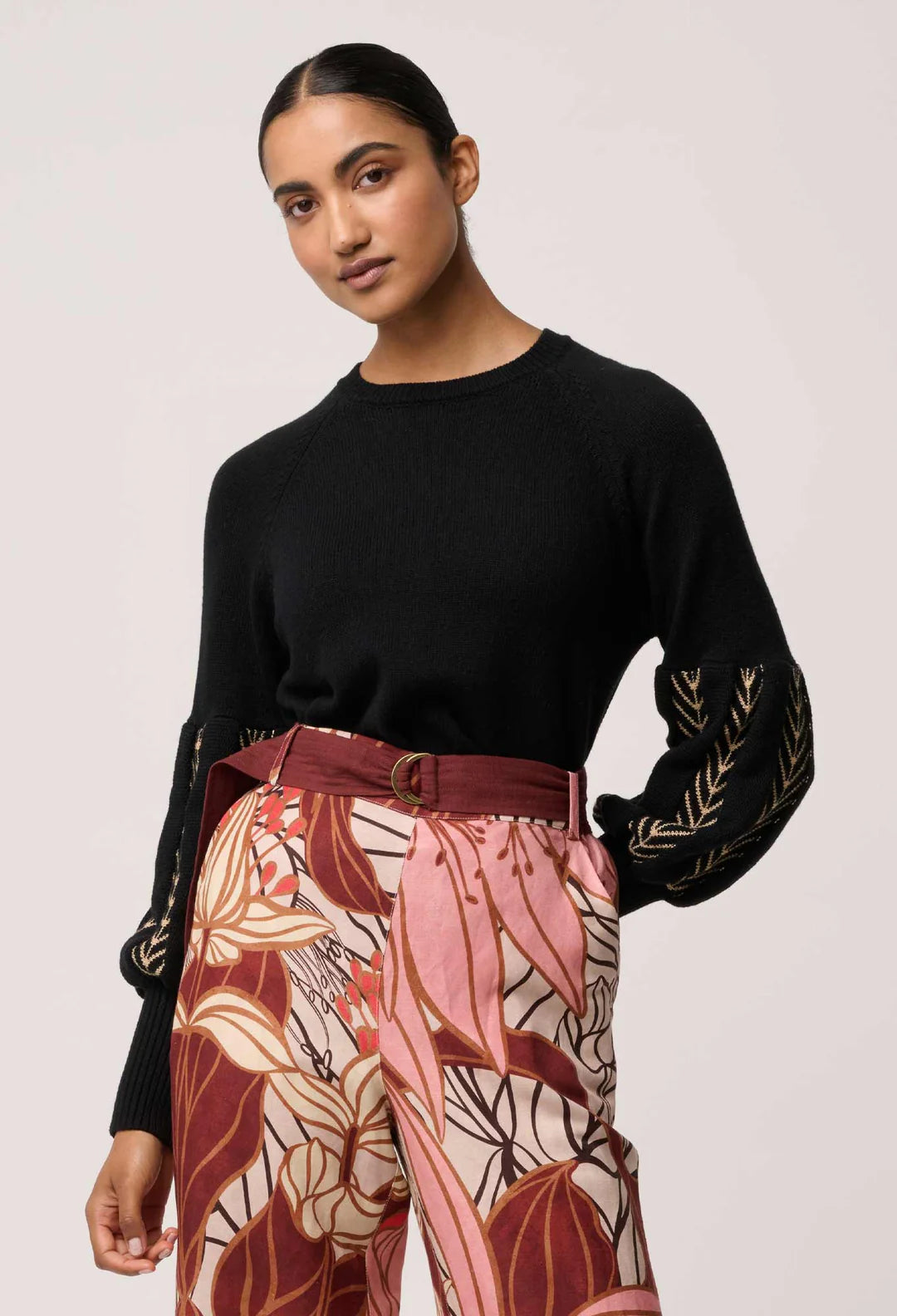 Once Was Arden Merino Wool Blend Jacquard Detail Knit Top