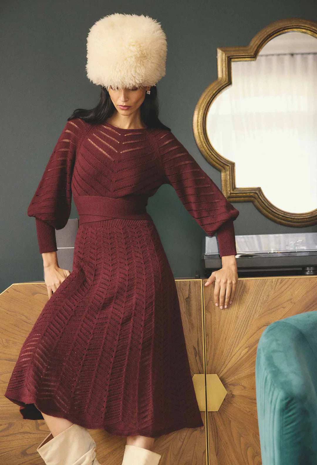 Once Was Mirelle Wool Blend Chevron Detail Knit Dress