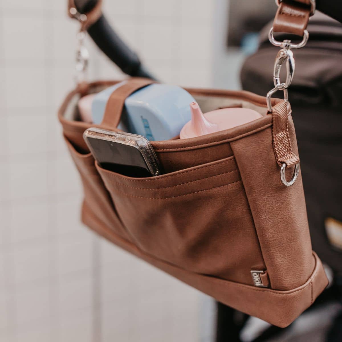 OiOi Vegan Leather Stroller Organiser/Pram Caddy - Tan