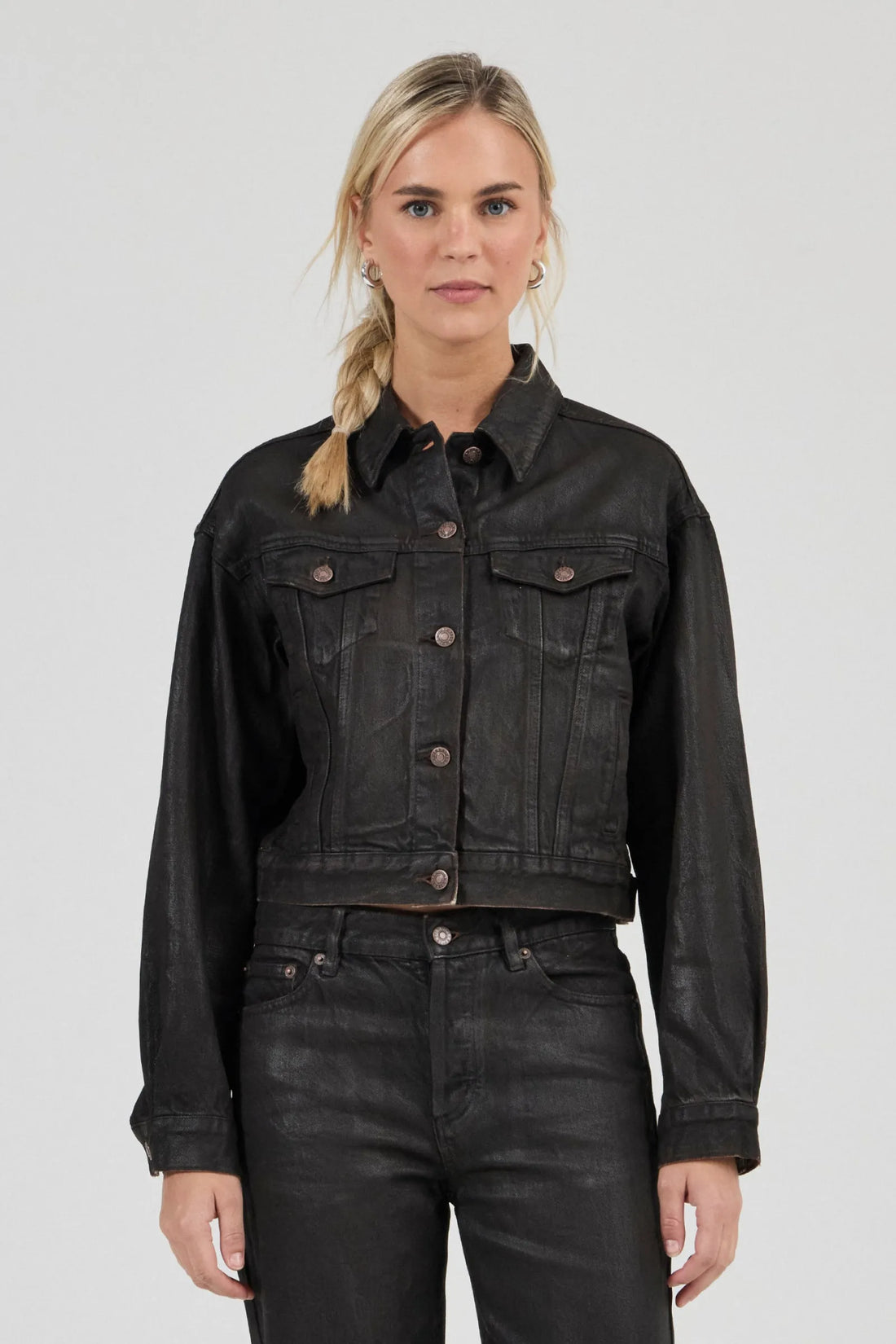 Rollas Cropped Denim Jacket Espresso Coated