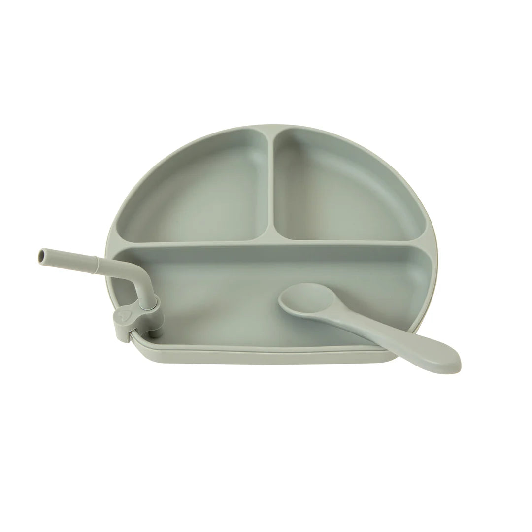 Silicone Plate With Straw &amp; Spoon Olive