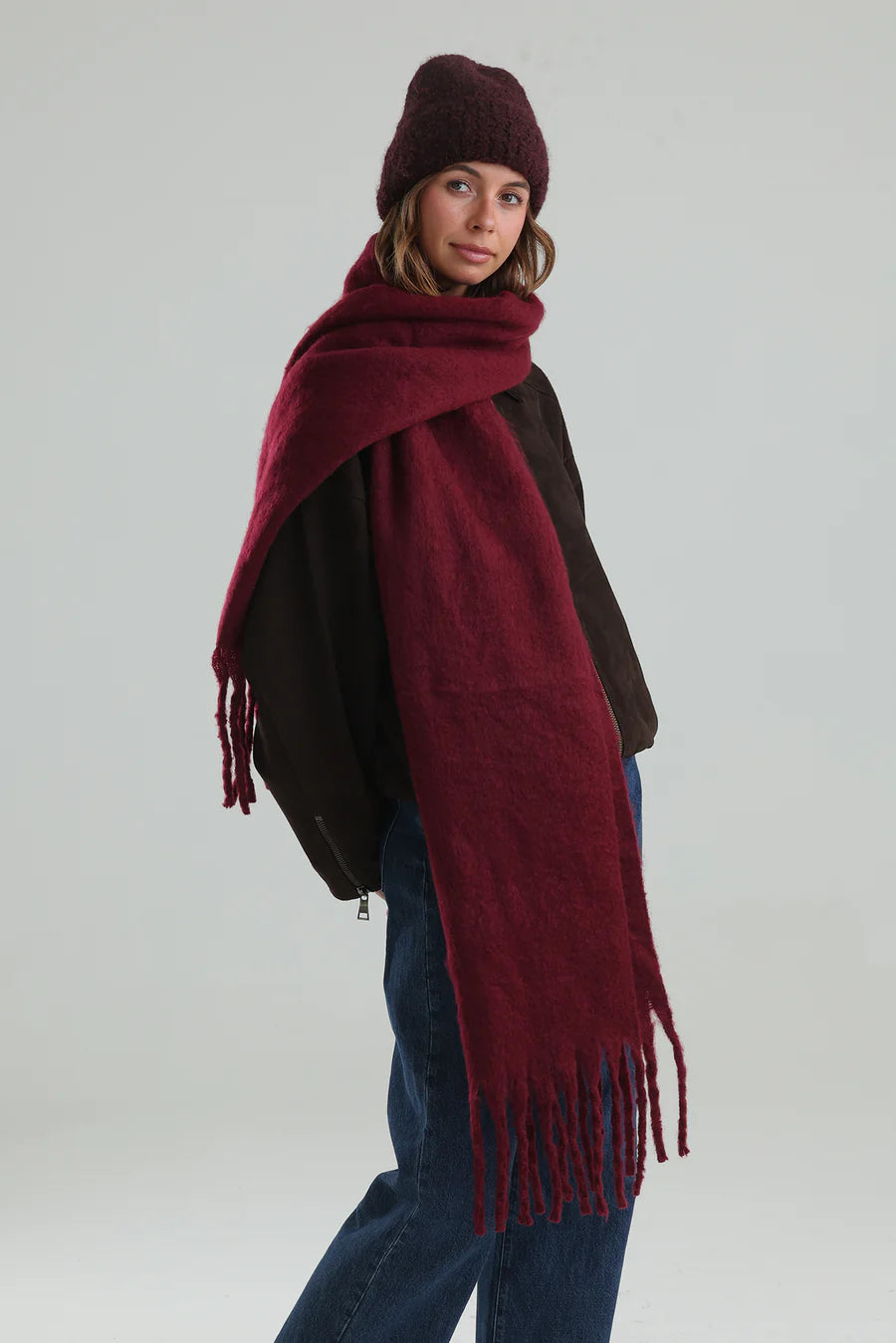 Morgan &amp; Taylor Cream Freya Boucle Beanie in Burgundy