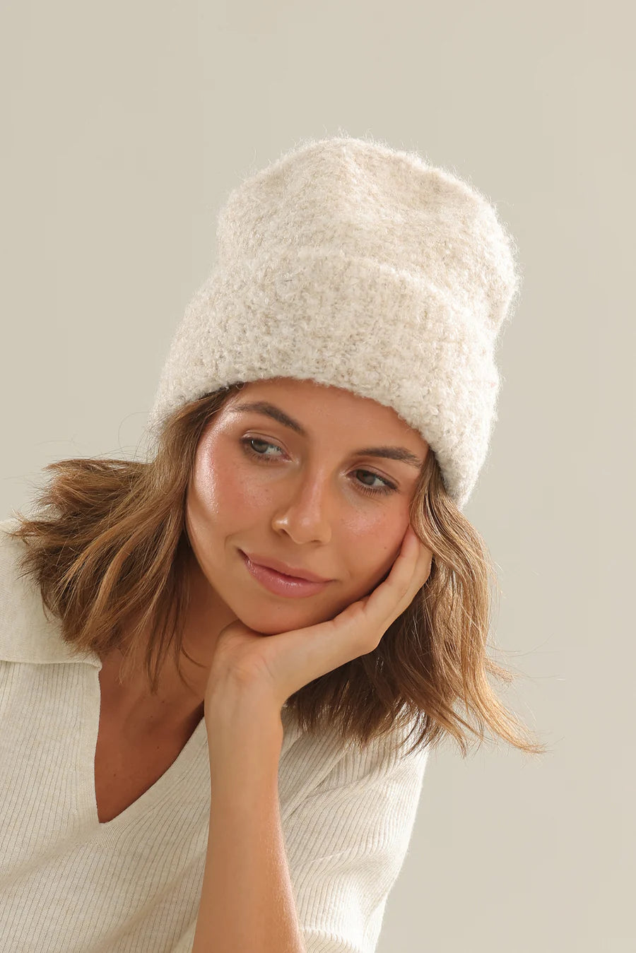 Morgan &amp; Taylor Cream Freya Boucle Beanie in Cream