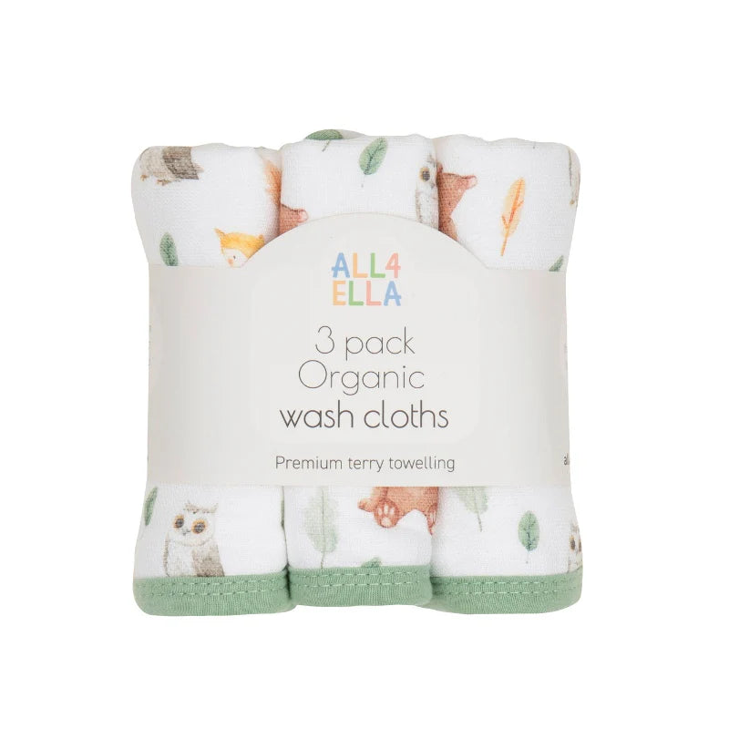 All4Ella Wash Cloths 3Pk Forest Friends