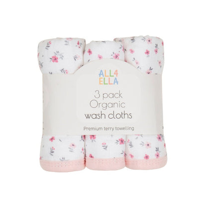 All4Ella Wash Cloths 3Pk Pink Petals
