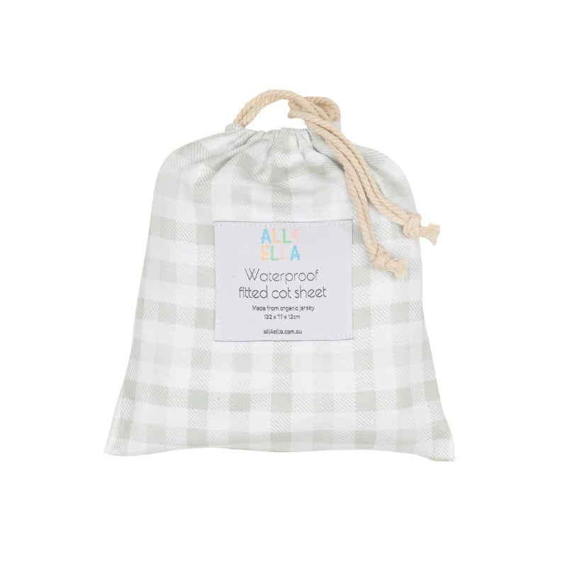 All4Ella Waterproof Fitted Cot Sheet Gingham Sage