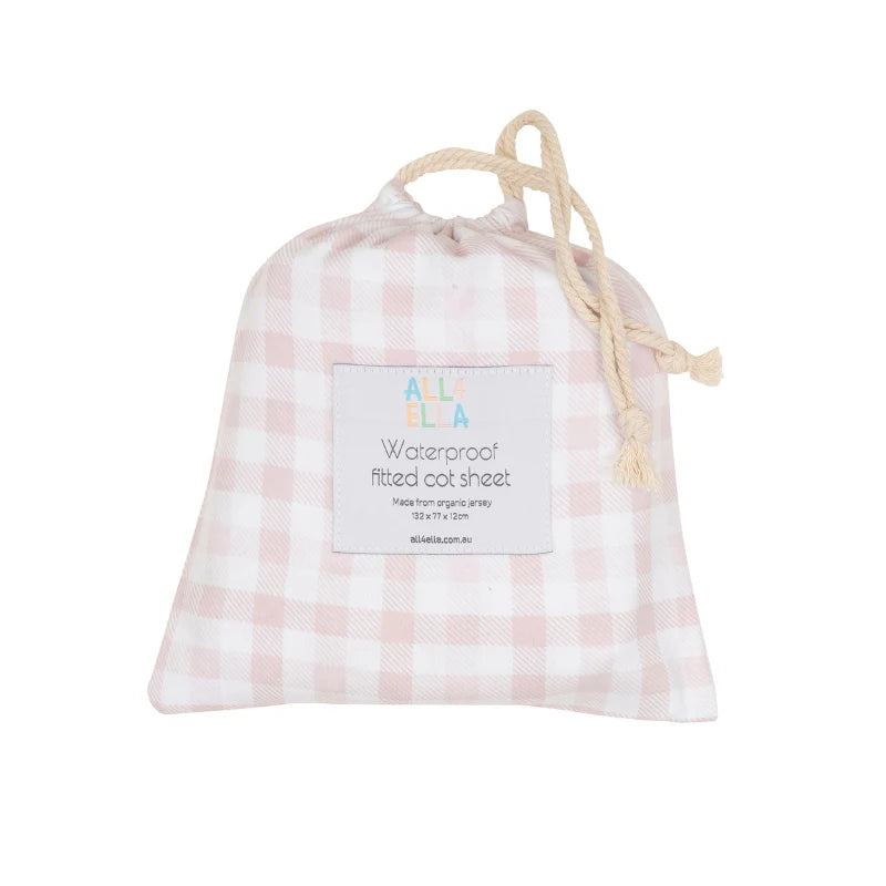 All4Ella Waterproof Fitted Cot Sheet Gingham Pink