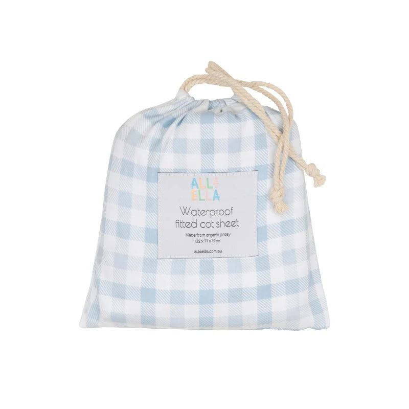 All4Ella Waterproof Fitted Cot Sheet Gingham Blue