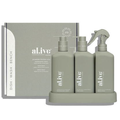 AL.IVE Kitchen Trio Dish Wash, Hand Wash &amp; Bench Spray Lemon Myrtle &amp; Honeydew and Willow Gum &amp; Lemon Myrtle