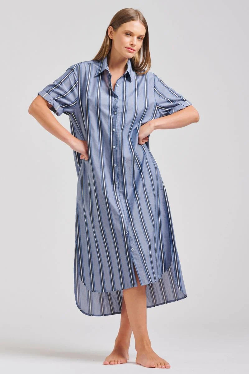 The Annie Short Sleeve Shirtdress Denim Blue Stripe