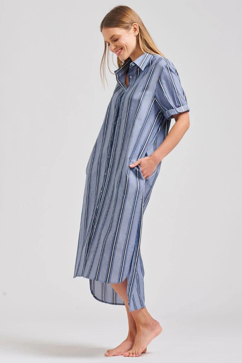 The Annie Short Sleeve Shirtdress Denim Blue Stripe