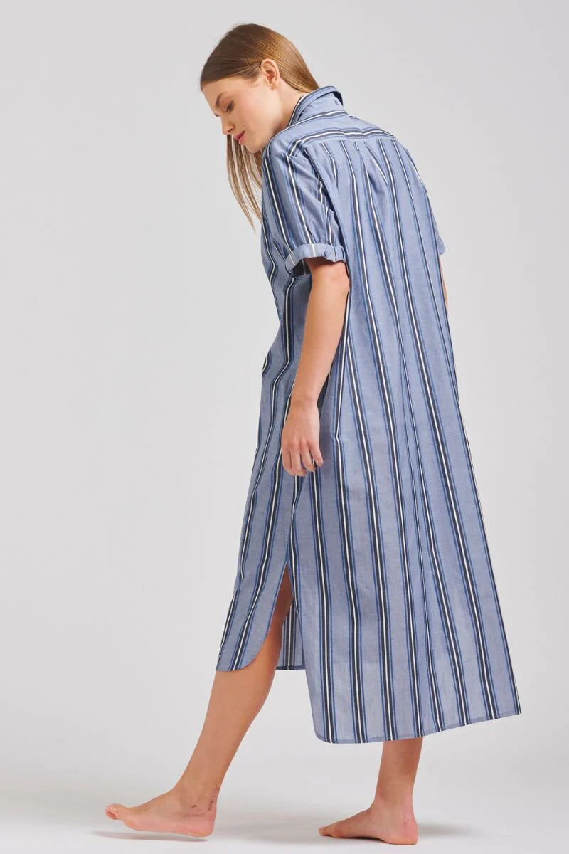 The Annie Short Sleeve Shirtdress Denim Blue Stripe