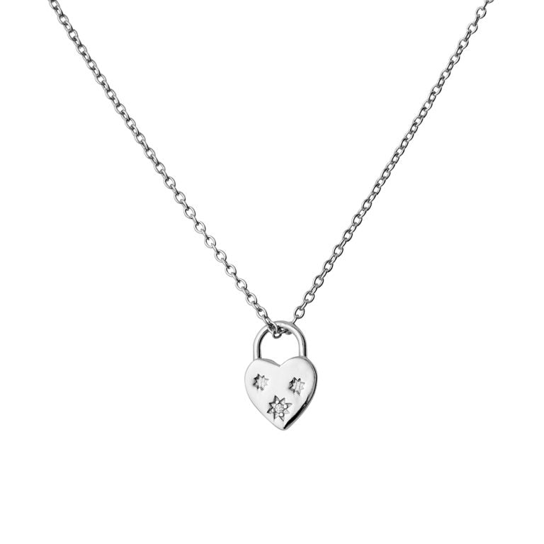 Sterling Silver Necklace With Flat Padlock Heart Pendant With CZ